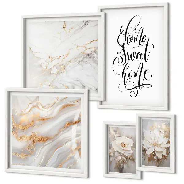 Set de 5 cuadros para salón diseño de flores elegantes sobre fondo de mármol