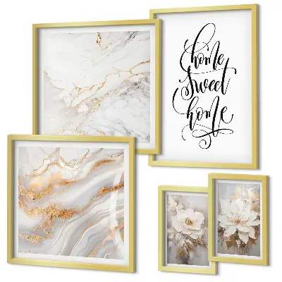 Set de 5 cuadros para salón diseño de flores elegantes sobre fondo de mármol