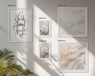 Set de 5 cuadros para salón diseño de flores elegantes sobre fondo de mármol