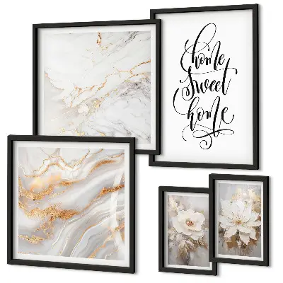 Set de 5 cuadros para salón diseño de flores elegantes sobre fondo de mármol