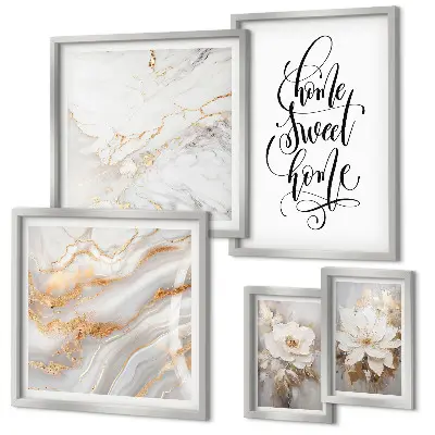 Set de 5 cuadros para salón diseño de flores elegantes sobre fondo de mármol