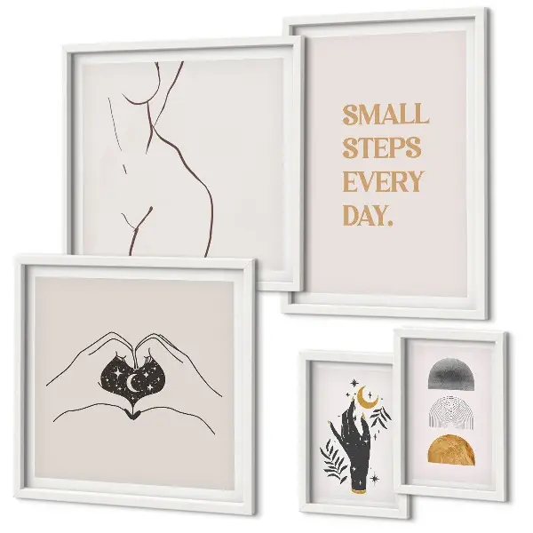 Pared galería de arte con frases de motivación, pensamiento positivo y estilo minimalista