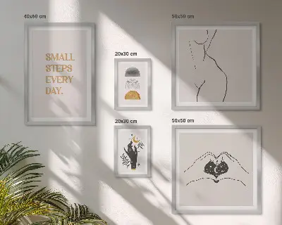 Pared galería de arte con frases de motivación, pensamiento positivo y estilo minimalista