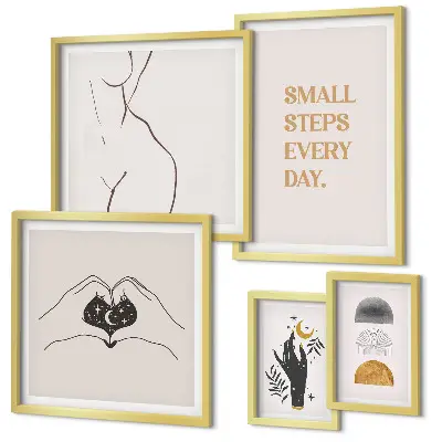Pared galería de arte con frases de motivación, pensamiento positivo y estilo minimalista