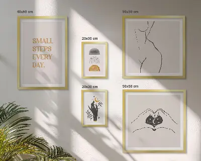 Pared galería de arte con frases de motivación, pensamiento positivo y estilo minimalista