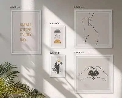 Pared galería de arte con frases de motivación, pensamiento positivo y estilo minimalista