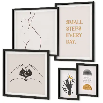 Pared galería de arte con frases de motivación, pensamiento positivo y estilo minimalista