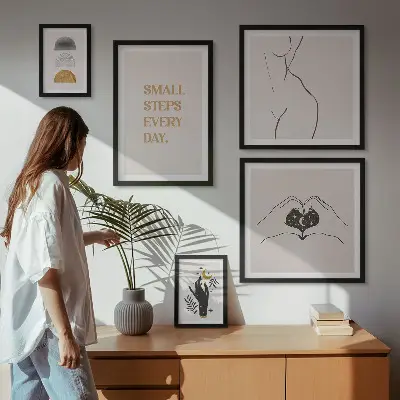 Pared galería de arte con frases de motivación, pensamiento positivo y estilo minimalista