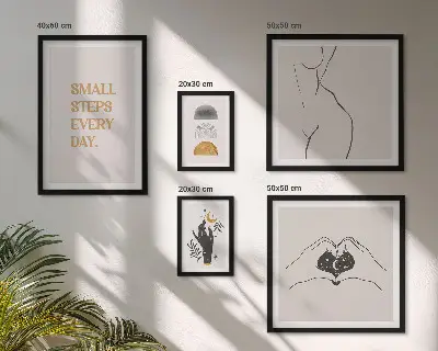 Pared galería de arte con frases de motivación, pensamiento positivo y estilo minimalista