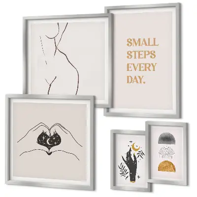 Pared galería de arte con frases de motivación, pensamiento positivo y estilo minimalista