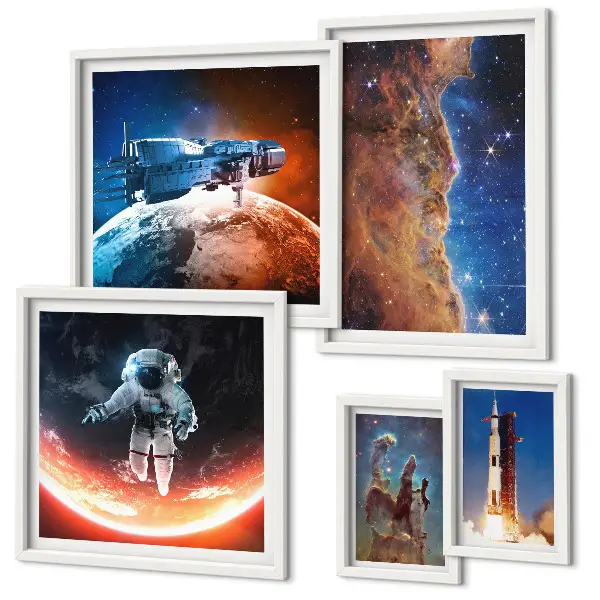 Set de 5 cuadros para salón con diseño de viajes espaciales por la galaxia