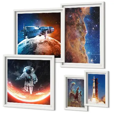 Set de 5 cuadros para salón con diseño de viajes espaciales por la galaxia