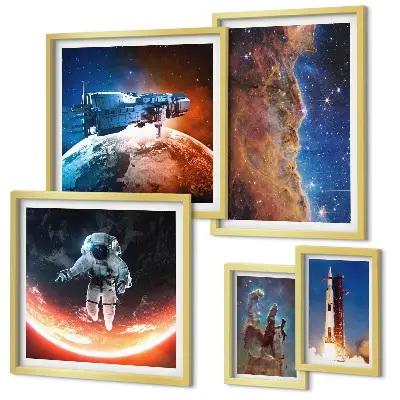 Set de 5 cuadros para salón con diseño de viajes espaciales por la galaxia