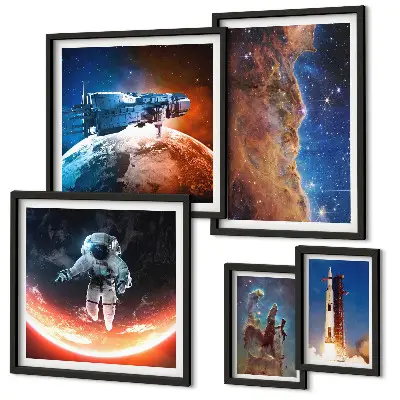 Set de 5 cuadros para salón con diseño de viajes espaciales por la galaxia
