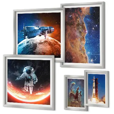 Set de 5 cuadros para salón con diseño de viajes espaciales por la galaxia