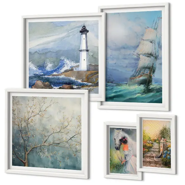 Conjunto de cuadros decorativos con motivos de aventuras y paisajes marinos