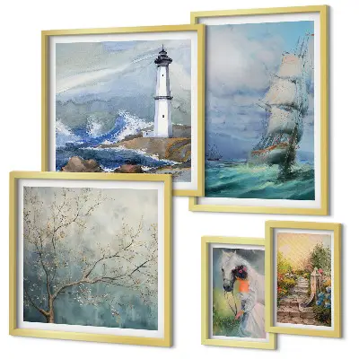 Conjunto de cuadros decorativos con motivos de aventuras y paisajes marinos