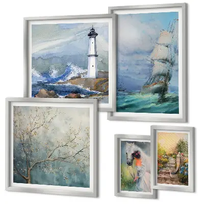 Conjunto de cuadros decorativos con motivos de aventuras y paisajes marinos