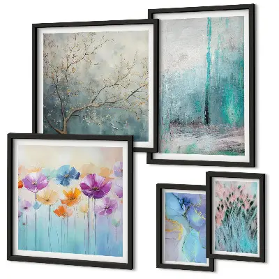 Set de 5 cuadros decorativos para salón con diseño floral de paisajes abstractos
