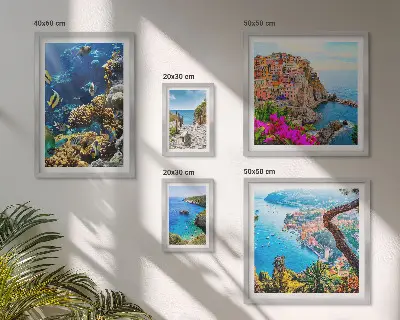 Set de 5 cuadros para salón con motivos de paisajes costeros, peces y playas