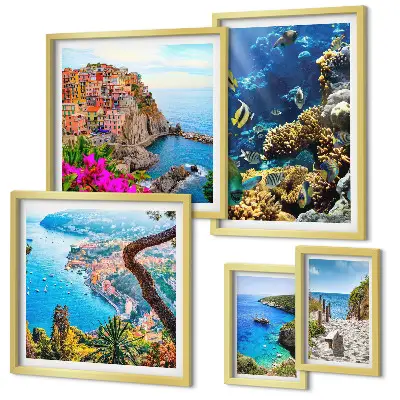 Set de 5 cuadros para salón con motivos de paisajes costeros, peces y playas