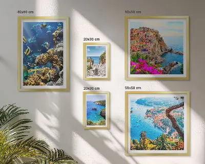 Set de 5 cuadros para salón con motivos de paisajes costeros, peces y playas