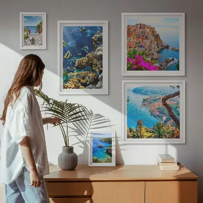 Set de 5 cuadros para salón con motivos de paisajes costeros, peces y playas