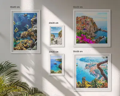 Set de 5 cuadros para salón con motivos de paisajes costeros, peces y playas