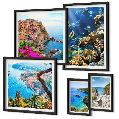 Set de 5 cuadros para salón con motivos de paisajes costeros, peces y playas