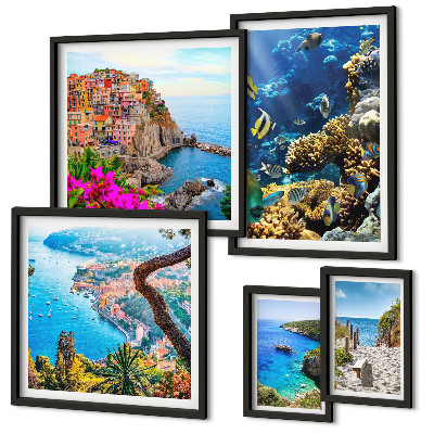 Set de 5 cuadros para salón Paisajes costeros, peces, playas