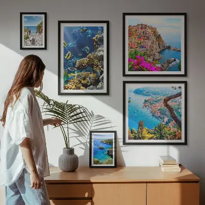 Set de 5 cuadros para salón con motivos de paisajes costeros, peces y playas
