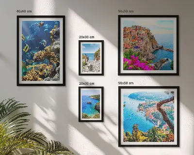 Set de 5 cuadros para salón con motivos de paisajes costeros, peces y playas