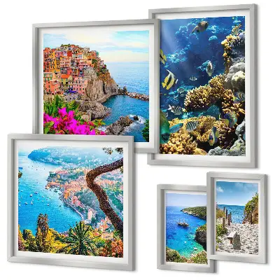Set de 5 cuadros para salón con motivos de paisajes costeros, peces y playas