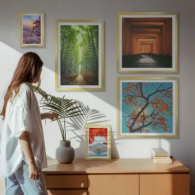 Pared galería de arte paisajes de Japón con flores de bambú