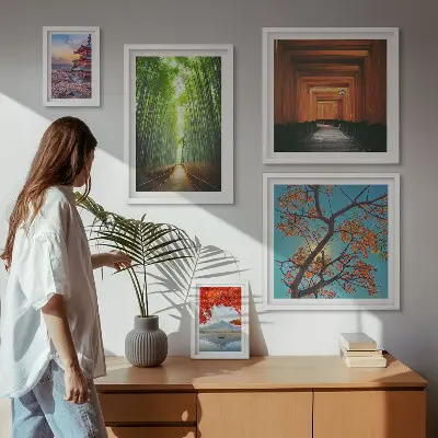 Pared galería de arte paisajes de Japón con flores de bambú