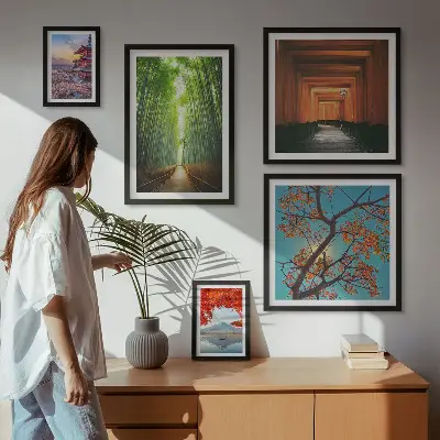 Pared galería de arte paisajes de Japón con flores de bambú