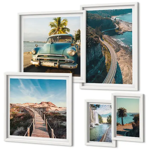 Conjunto de cuadros decorativos con motivos de paisajes viajes coches y naturaleza