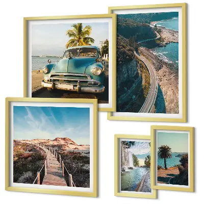 Conjunto de cuadros decorativos con motivos de paisajes viajes coches y naturaleza
