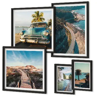 Conjunto de cuadros decorativos con motivos de paisajes viajes coches y naturaleza