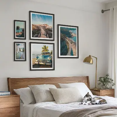Conjunto de cuadros decorativos con motivos de paisajes viajes coches y naturaleza