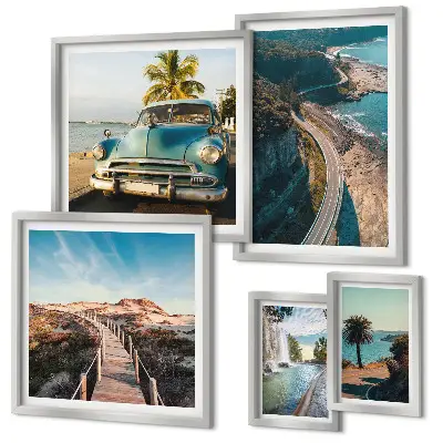 Conjunto de cuadros decorativos con motivos de paisajes viajes coches y naturaleza