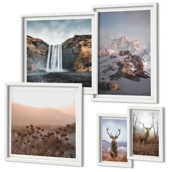 Set de 5 cuadros para salón con paisajes de montaña y animales salvajes