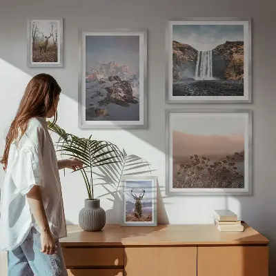 Set de 5 cuadros para salón con paisajes de montaña y animales salvajes