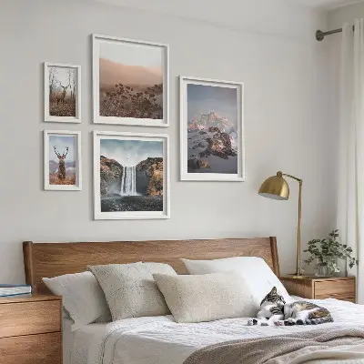 Set de 5 cuadros para salón con paisajes de montaña y animales salvajes