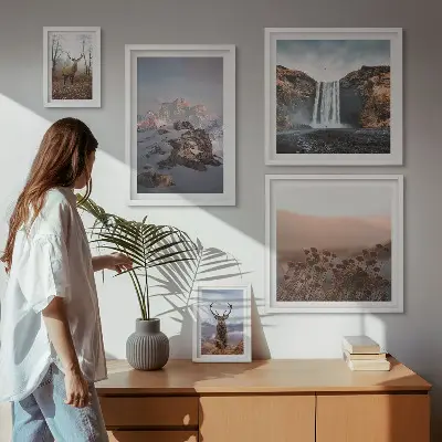Set de 5 cuadros para salón con paisajes de montaña y animales salvajes