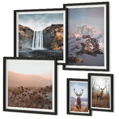 Set de 5 cuadros para salón con paisajes de montaña y animales salvajes