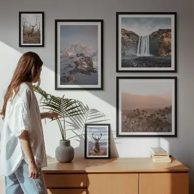 Set de 5 cuadros para salón con paisajes de montaña y animales salvajes