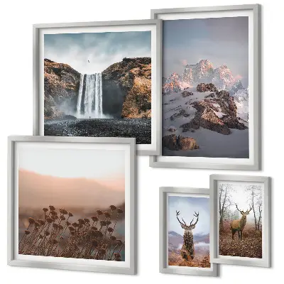 Set de 5 cuadros para salón con paisajes de montaña y animales salvajes