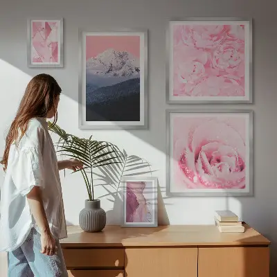 Conjunto de cuadros decorativos diseño de paisajes rosas con flores modernas