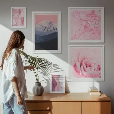Conjunto de cuadros decorativos diseño de paisajes rosas con flores modernas